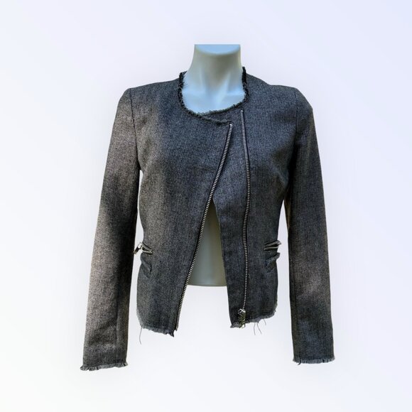 MNG Casual Womens Tweed Zipper Jacket - XS / S - Gray With Frayed Edges & Pocket - Picture 2 of 13